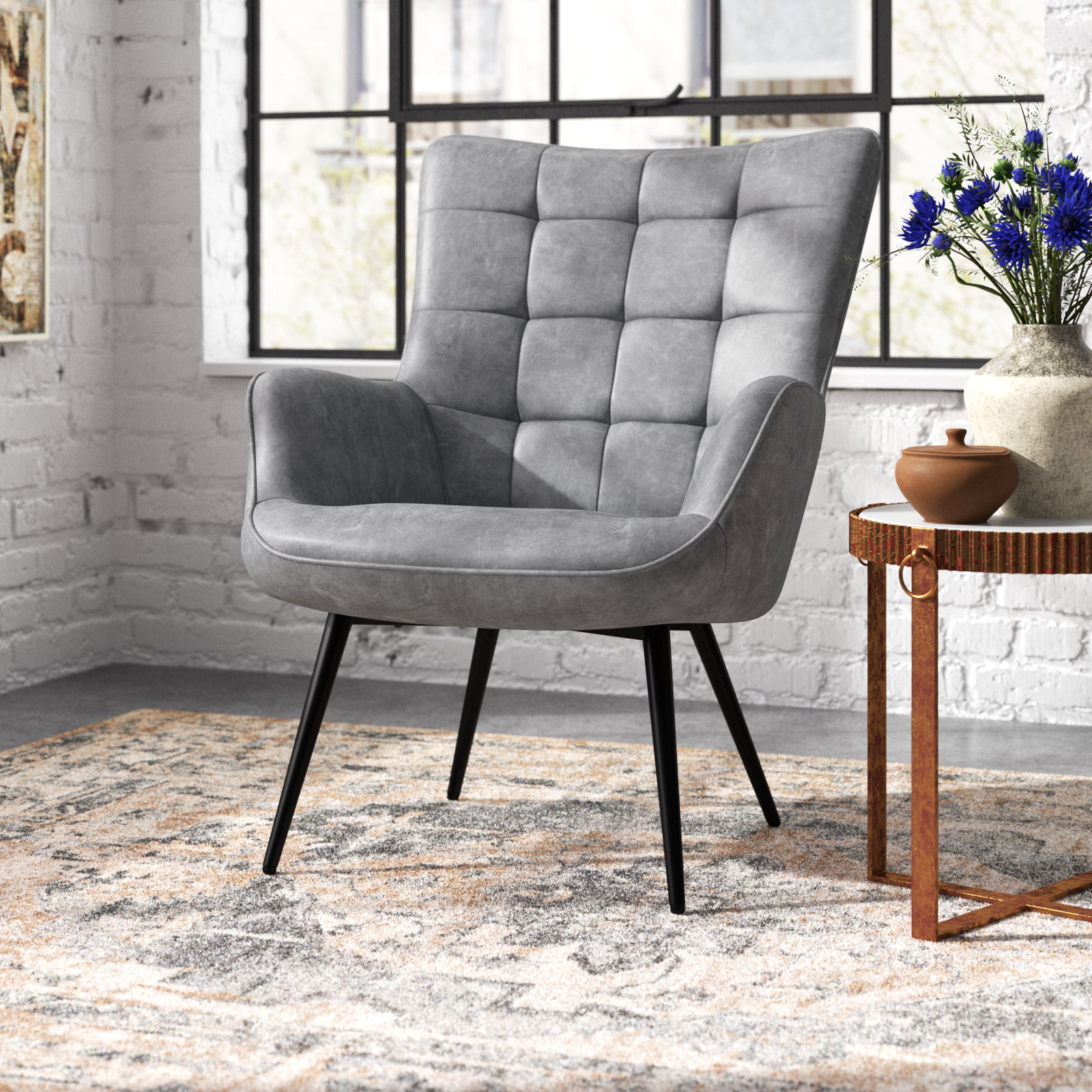 Gray leather wingback chair discount